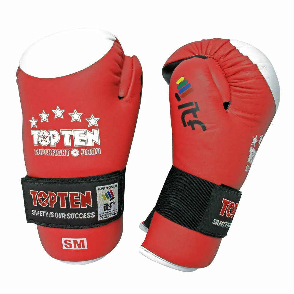 Cheap ✔️ TopTen TOP TEN ITF Taekwon-Do Superfight Leather Red/White Open Hand Gloves, 2053-4 🌟 3 TopTen TOP TEN ITF Taekwon-Do Superfight Leather Red/White Open Hand Gloves, 2053-4